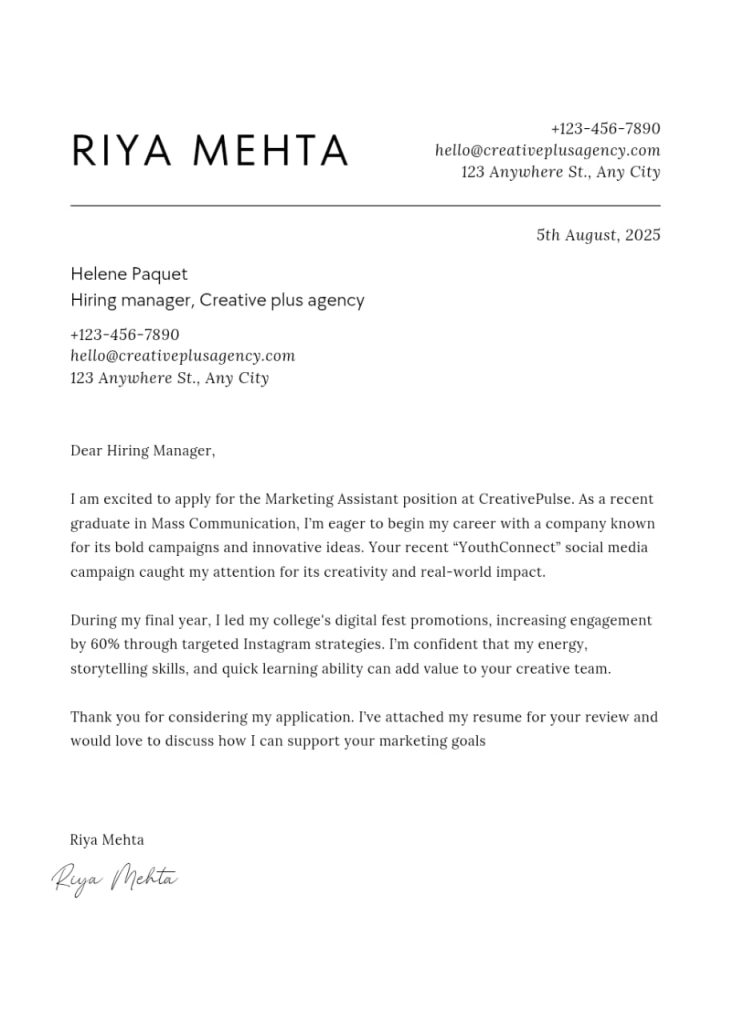 Example of a cover letter for a Fresh Graduate (No Experience)
