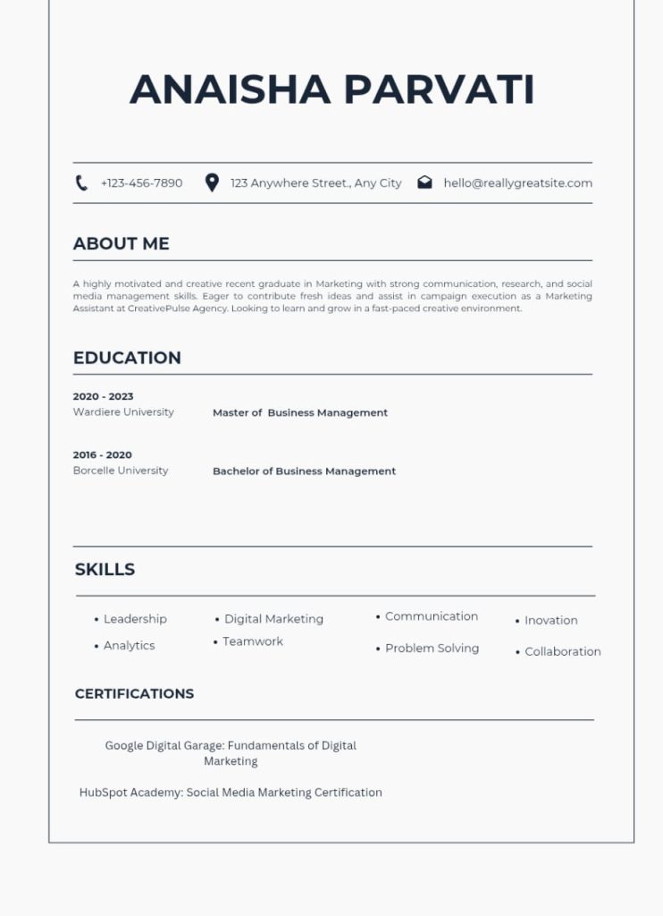Example of a resume for a Fresh Graduate (No Experience)
Position: Marketing Assistant
Company: CreativePulse Agency