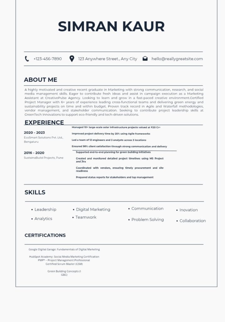 Example of a resume for an Experienced Professional
Position: Project Manager
Company: GreenTech Innovations