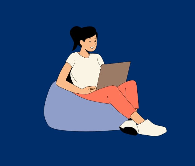 Alt text: Illustration of a woman sitting on a bean bag, smiling while working on a laptop, wearing a white t-shirt, orange pants, and white shoes, against a dark blue background.