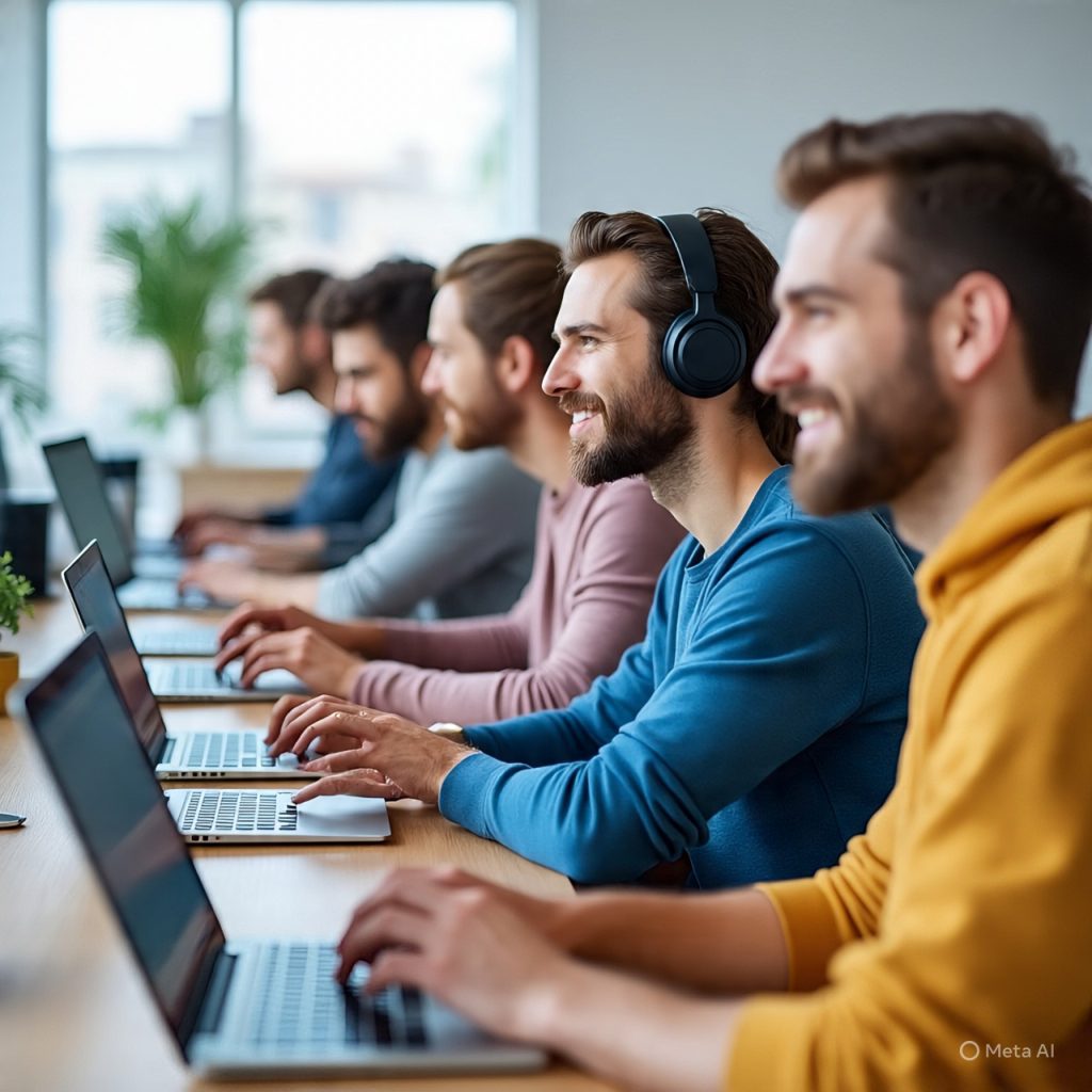 Men working on laptops in a row.