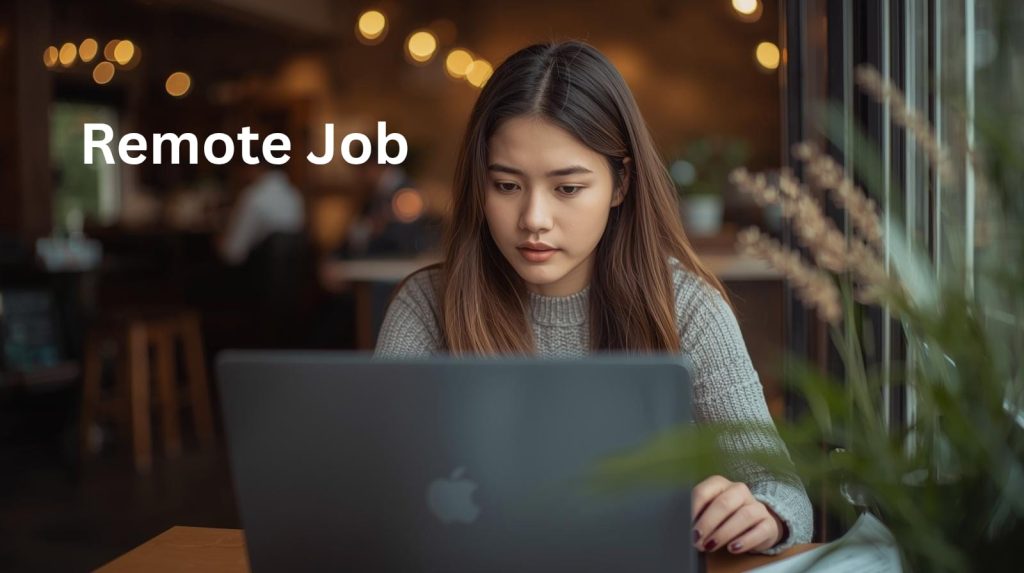 A young woman with long brown hair wearing a gray sweater is working on a laptop in a café. The words "Remote Job" are written in white text on the top left.