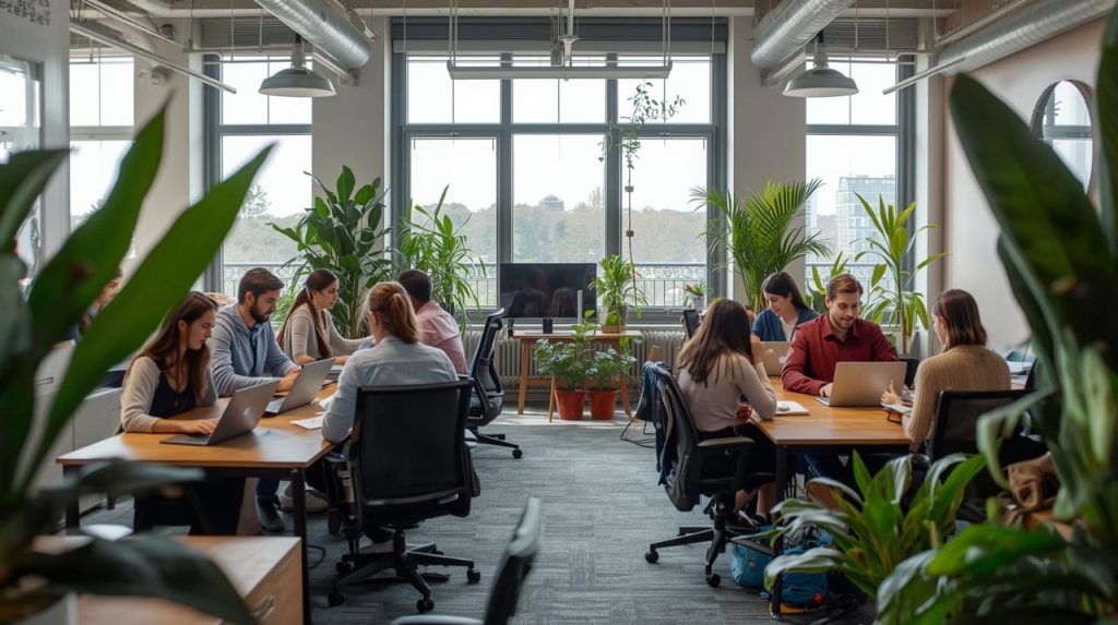 Diverse group of digital nomads working on laptops in a bright, airy co-working space with plants and natural light, vibrant color palette, modern aesthetic, wide shot