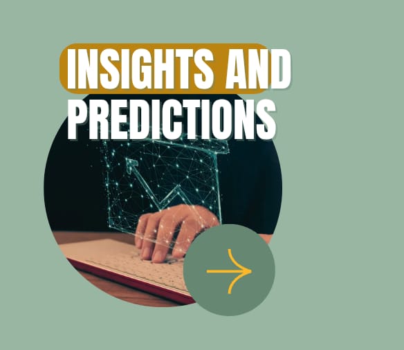 The image is a graphic titled "INSIGHTS AND PREDICTIONS".

- The title has "INSIGHTS" in white text on a mustard-yellow background, and "PREDICTIONS" in white text below it.
- There's a circular image in the middle showing a hand resting on a book or notebook.
- A transparent graph with lines and dots is overlaid on the hand and book.
- A green circle with a yellow arrow pointing right is at the bottom-right of the circular image.
- The background of the whole graphic is sage green.