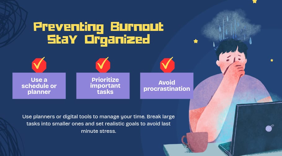 The image is an infographic titled "Preventing Burnout StaY Organized" in yellow text.

Below the title are three purple boxes with red checkmarks above them, each containing a tip to prevent burnout:
- Use a schedule or planner
- Prioritize important tasks
- Avoid procrastination

Underneath these boxes is a brief description in white text: "Use planners or digital tools to manage your time. Break large tasks into smaller ones and set realistic goals to avoid last minute stress."

On the right side of the image, there's an illustration of a person sitting at a desk with a laptop and a mug. The person looks stressed, with their hand on their face and "rain" falling above their head, symbolizing stress. The background is dark blue with some design elements like stars and swirls.