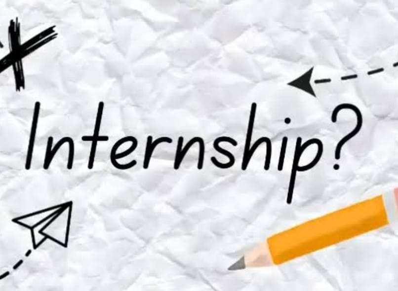 The image shows the word "Internship?" written in black text on a crumbled white paper background.

- There's a yellow pencil in the bottom-right corner.
- A paper airplane icon is on the bottom-left with a dotted line and an arrow pointing towards the word "Internship".
- A scribbled "X" mark is at the top-left corner.
- Another arrow points to the word "Internship" from the top-right.