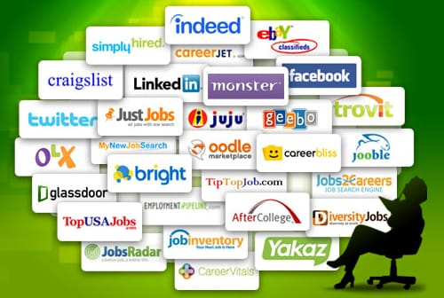 The image shows a person in a black silhouette sitting in a chair, surrounded by job search websites like Indeed, LinkedIn, and Facebook. They're holding a speech bubble with "Yakaz" written in it, set against a green background with a yellow glow.