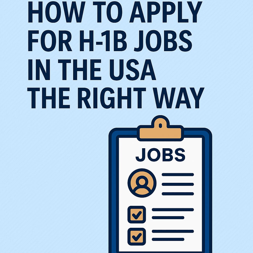 The image is a graphic for an article about applying for H-1B jobs in the USA, featuring a title and icons like a clipboard with a checklist and a person, indicating it provides guidance on the application process.