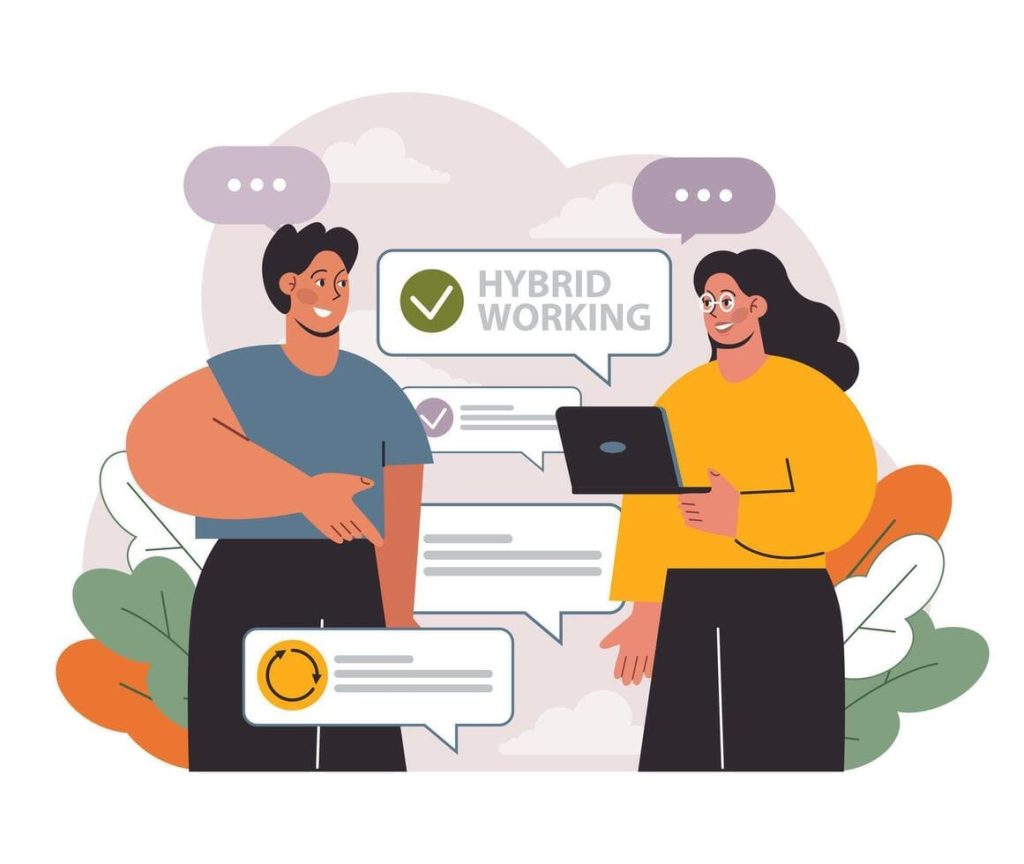 The image shows a cartoon illustration of a man and woman standing in front of speech bubbles with "HYBRID WORKING" and a green checkmark. The man has dark hair, wearing a blue shirt and black pants, while the woman has long dark hair, wearing a yellow shirt and black pants, holding a laptop and pointing to the text bubble, set against a light pink sky with clouds and green leaves.