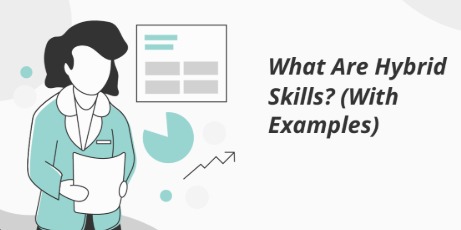 The image shows a graphic with the title "What Are Hybrid Skills? (With Examples)".

- There's an illustration of a woman with black hair wearing a teal jacket and holding papers.
- Behind her, there's a graphic resembling a chart or dashboard with teal and grey elements.
- Some teal shapes and a line graph with an upward trend are also floating around.
- The background is mostly white with some light grey accents.