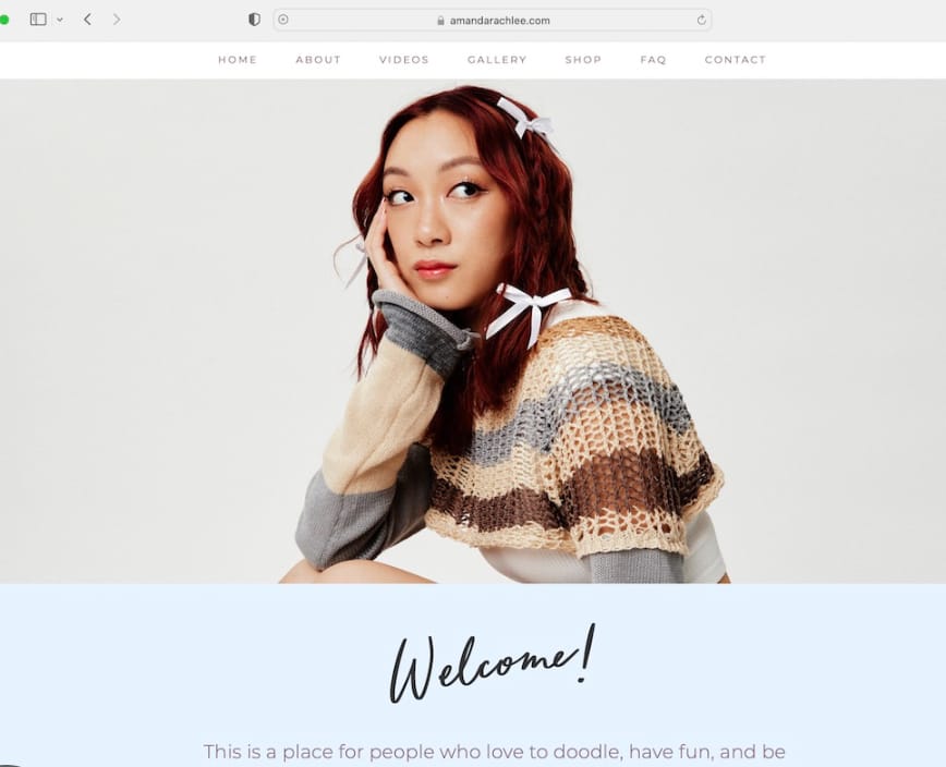 The second image shows another personal or professional website homepage with a warm, elegant design. At the top is a navigation bar with options such as Webshop, Jeg tilbyder, Book tid, and Blog. A smiling woman with long brown hair is centered in the hero section, wearing a white shirt and pearl earrings. The layout uses soft beige and brown tones, creating a calming and sophisticated look. Over the image, there is a welcoming text box with a message written in Danish, and two buttons beneath it for booking an appointment and visiting the webshop. The overall style feels professional, warm, and service-oriented.
