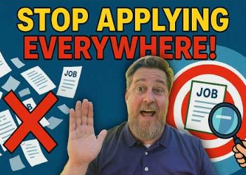 The image shows a man with a surprised expression, waving his hand in a "stop" gesture. Above him, in bold yellow and red text, it says "STOP APPLYING EVERYWHERE!".

On the left side of the image, there are several papers with the word "JOB" on them, accompanied by a big red "X" mark. On the right side, there's a graphic of a target with a paper labeled "JOB" in the center, and a hand holding a magnifying glass over it. The background of the image is blue.