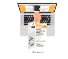 The image shows a laptop with a hand coming out of the screen, holding a CV (resume) and an "INFO" document. The laptop has a black keyboard and a screen displaying a webpage with orange accents. Below the laptop, there's a website URL "hiployeess.me" written in small black text. The background of the image is plain white.