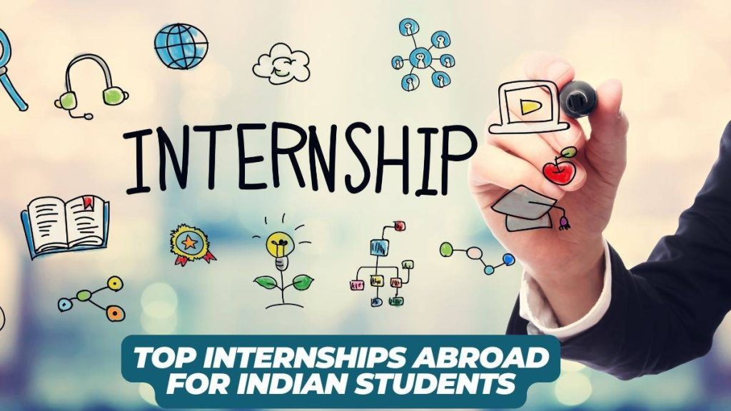 The image shows a hand in a suit jacket drawing various icons related to learning and internships with a marker.

- The word "INTERNSHIP" is prominently displayed in the center.
- Surrounding icons include:
    - A globe
    - A headset
    - A cloud
    - A network of people
    - A laptop with a play button
    - An apple
    - A graduation cap
    - A book
    - A medal
    - A lightbulb plant
    - A flowchart
- At the bottom, a teal banner reads "TOP INTERNSHIPS ABROAD FOR INDIAN STUDENTS" in white text.