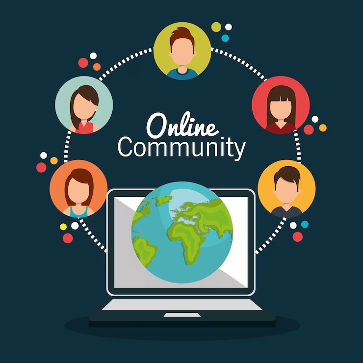 **Alt text:**
*Illustration of an online community showing diverse people connected in a circular network around a laptop displaying a globe, representing global digital networking, collaboration, and online communities.*

