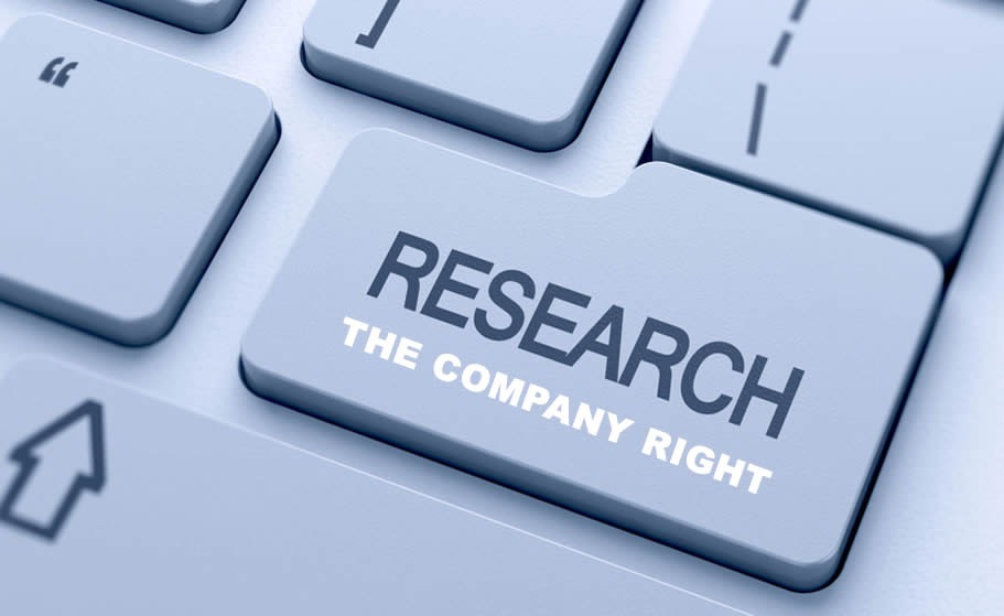 "Close-up of a keyboard key labeled 'RESEARCH THE COMPANY RIGHT,' emphasizing the importance of proper company research before interviews."
