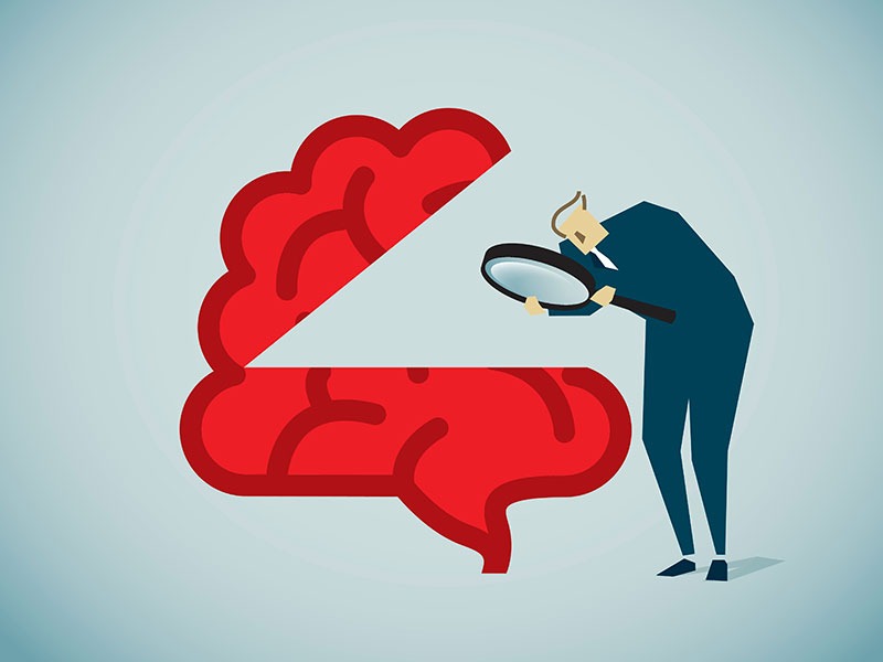 This image is an illustration of a person examining a brain with a magnifying glass. The brain is stylized and bright red, while the person is dressed in a blue suit. A triangular section of the brain appears to be missing, giving the impression that the person is carefully analyzing or investigating the brain’s contents.
