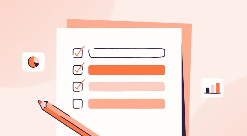 An illustration of a checklist on a sheet of paper with three checked boxes and one empty box. Next to the checklist is an orange pencil. Small icons showing charts are placed on both sides of the paper. The colors used are soft shades of orange, peach, and white, giving the image a clean and minimal design.