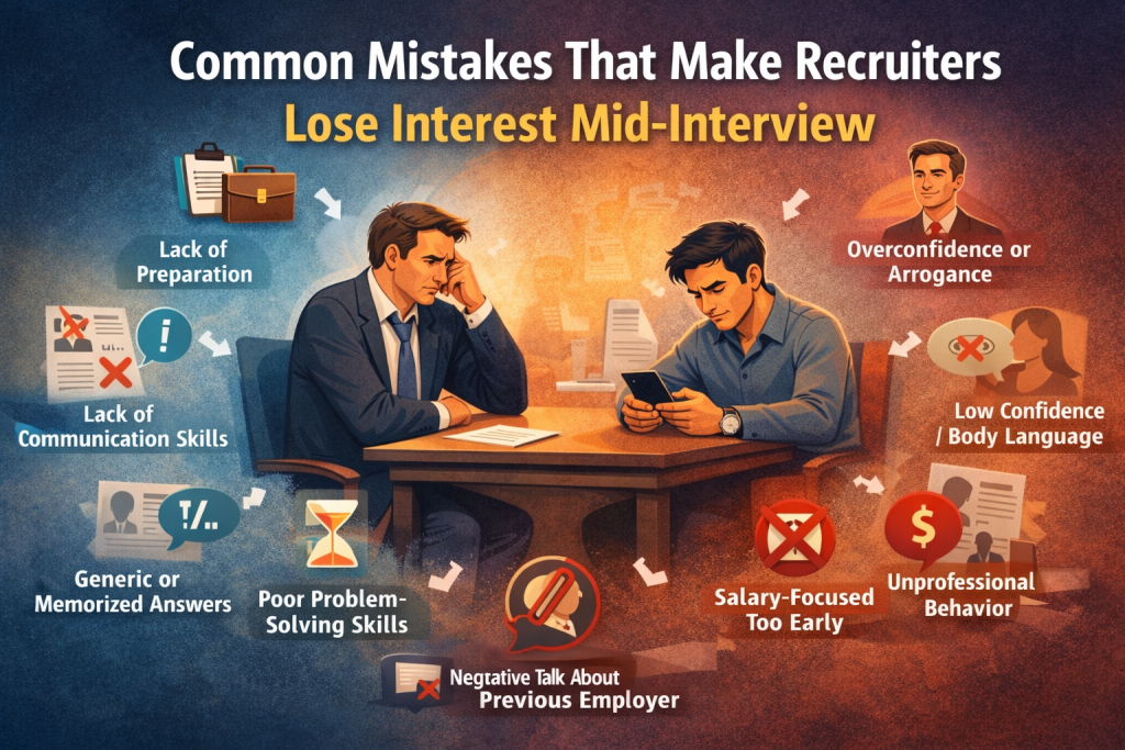 Illustration of a job interview showing a recruiter losing interest while a distracted candidate sits at the table, surrounded by icons highlighting common interview mistakes such as lack of preparation, poor communication, low confidence, overconfidence, unprofessional behavior, and early salary focus.