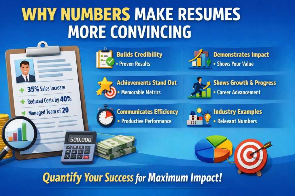 "Infographic showing why numbers make resumes more convincing. Features a professional resume with highlighted statistics, charts, and icons representing growth, efficiency, and achievements. Emphasizes quantifiable results to build credibility and impact."