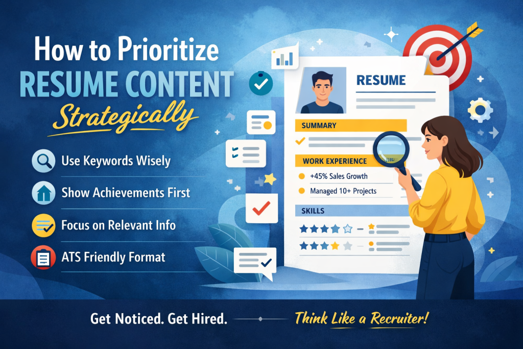 Illustration showing a professional reviewing a resume on a screen with icons representing skills, checkmarks, and career planning, highlighting strategic resume content prioritization.