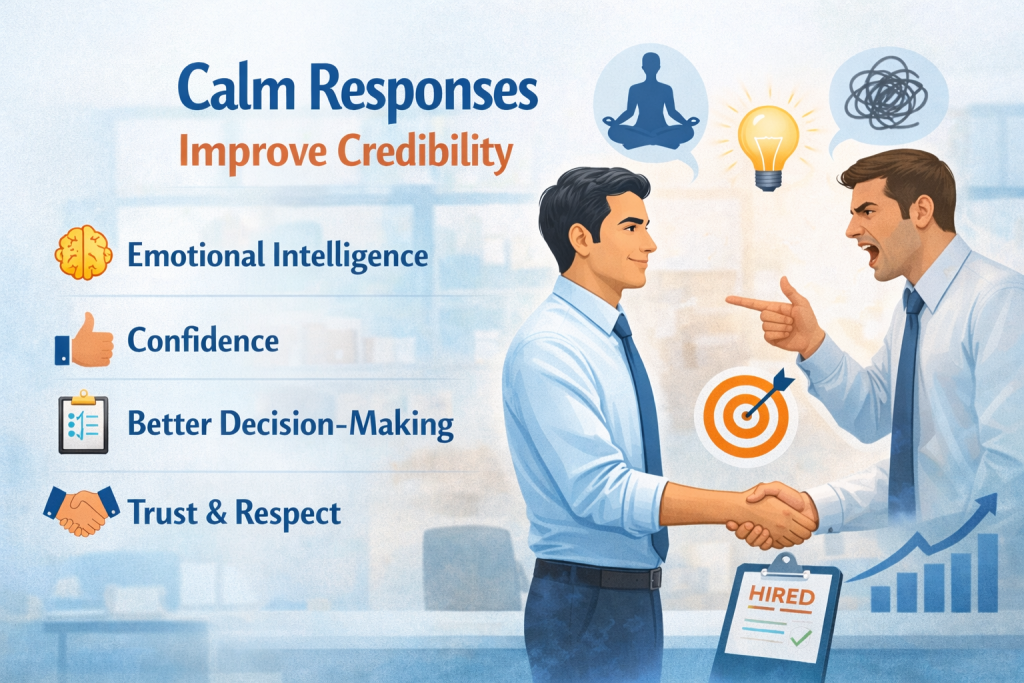 Illustration showing a calm professional confidently responding to an angry colleague, symbolizing emotional intelligence, calm decision-making, trust, and credibility in workplace and interview situations.