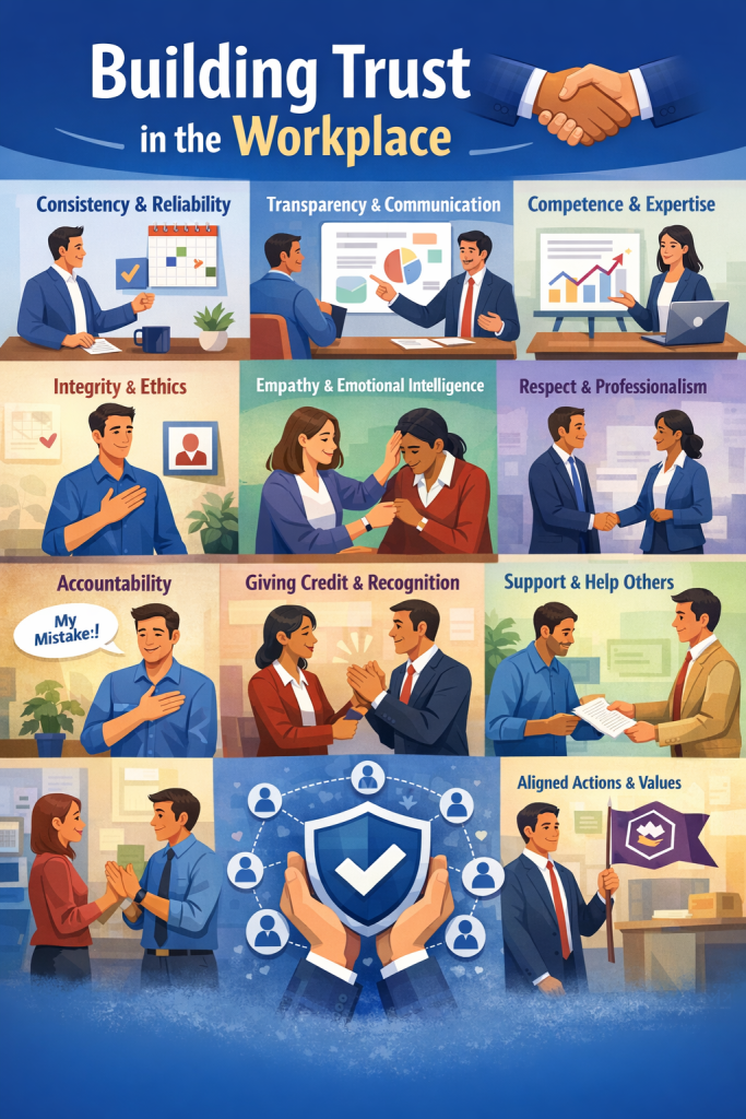 Illustration showing professionals collaborating in a workplace, highlighting key elements of trust such as consistency, transparency, competence, integrity, empathy, accountability, and teamwork.