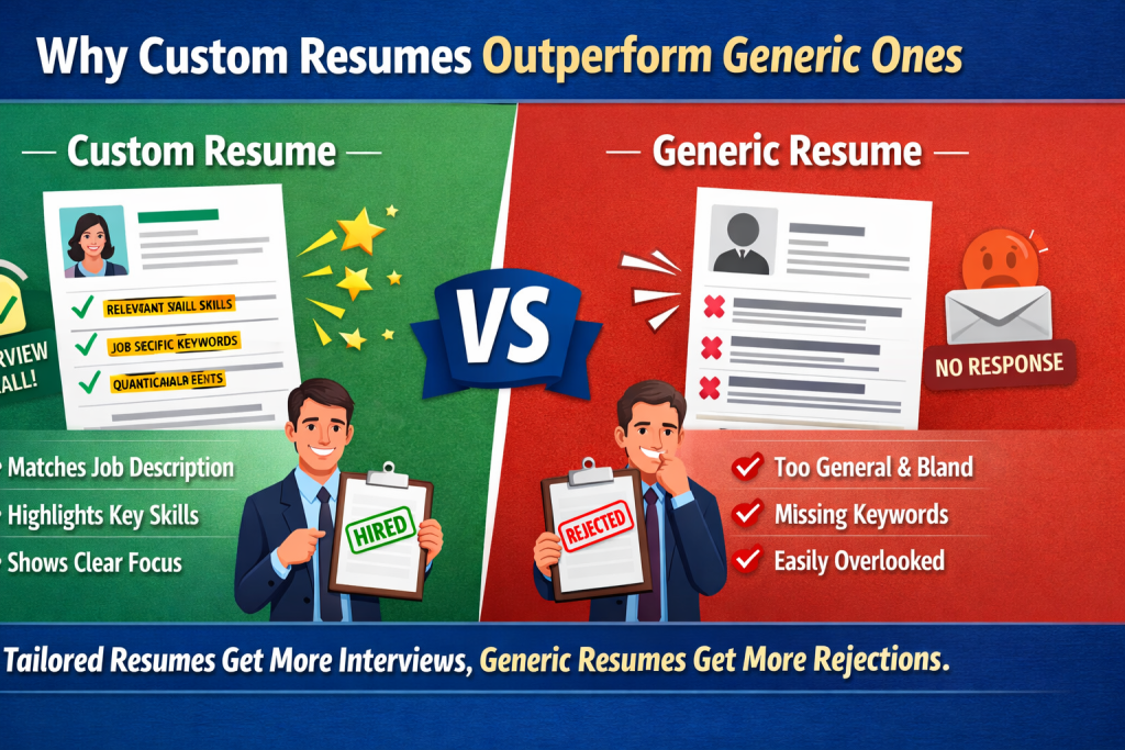 Illustration comparing custom resumes and generic resumes, showing a tailored resume matching job requirements with a hired result versus a generic resume leading to rejection.