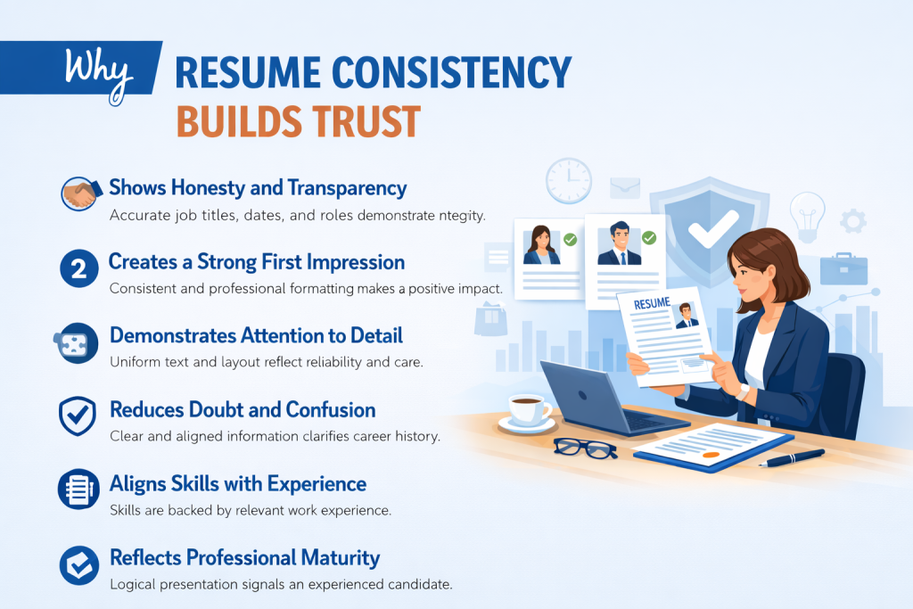 "Infographic illustration for the article 'Why Resume Consistency Builds Trust'. Shows a recruiter reviewing a well-organized resume at a desk with a laptop, documents, coffee cup, and glasses. The image highlights six key reasons why consistency matters: Shows Honesty and Transparency, Creates a Strong First Impression, Demonstrates Attention to Detail, Reduces Doubt and Confusion, Aligns Skills with Experience, and Reflects Professional Maturity. Neutral colors with clear labels make the points easy to read."