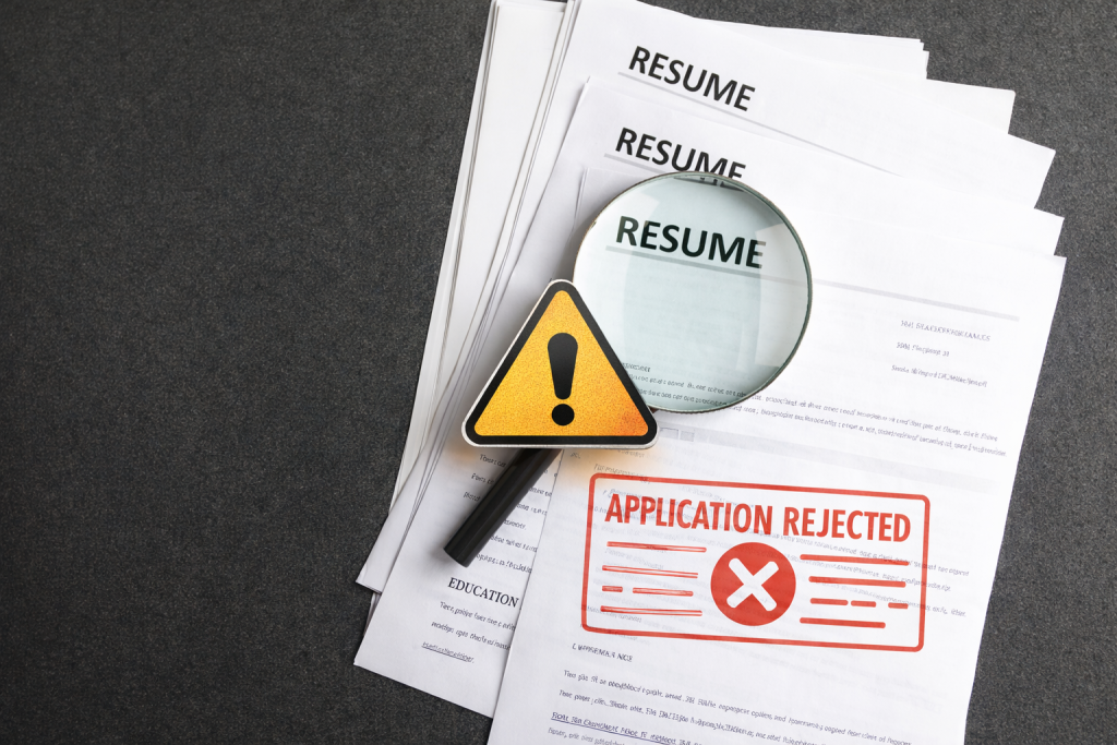 A stack of resumes on a dark surface with a magnifying glass highlighting the word “RESUME,” symbolizing the scrutiny of resumes by recruiters. This represents how generic resumes are carefully reviewed but often fail to stand out in competitive job markets due to lack of customization, job-specific keywords, and clear value.