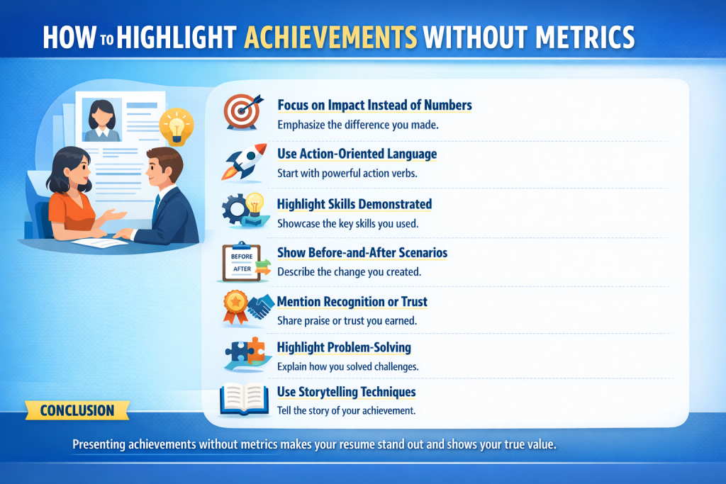 Infographic explaining how to highlight resume achievements without metrics, including impact, action-oriented language, skills, storytelling, and problem-solving.