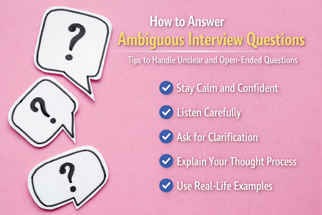 "Three white speech bubbles with black question marks on a pink background, representing ambiguous interview questions. On the right, text lists tips for answering such questions: Stay Calm and Confident, Listen Carefully, Ask for Clarification, Explain Your Thought Process, Use Real-Life Examples, under the title 'How to Answer Ambiguous Interview Questions'."