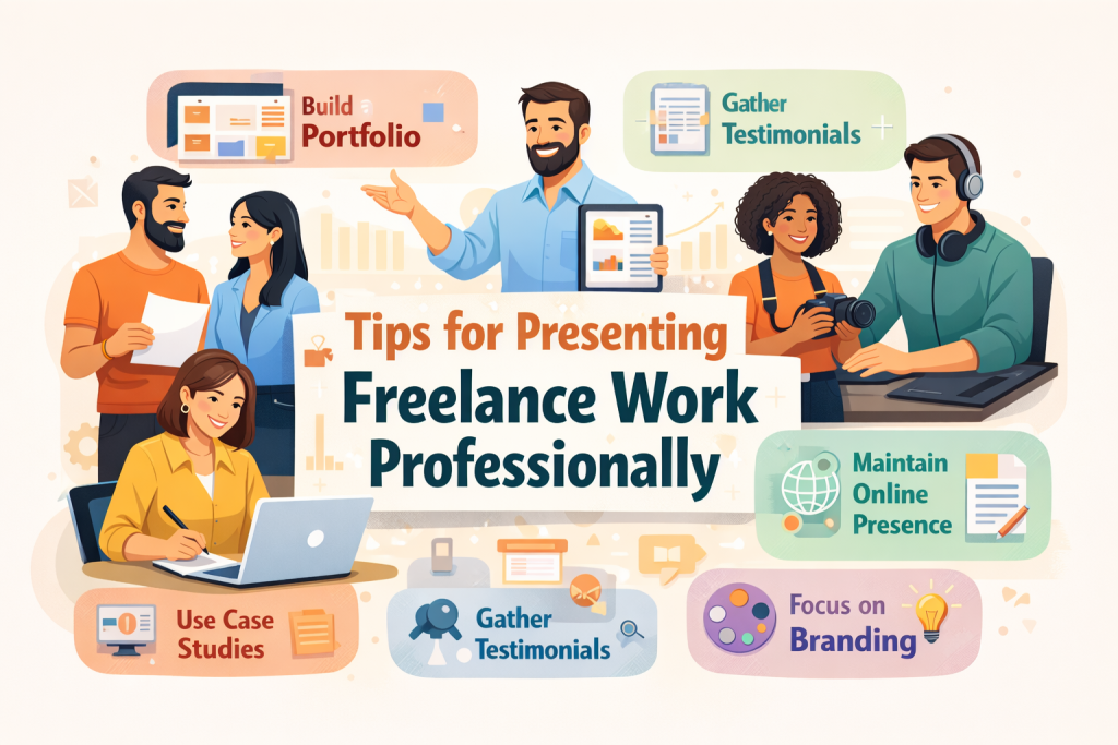 "Illustration of diverse freelance professionals working together, including a woman using a laptop, a man showing a tablet, a woman holding a camera, and a man with headphones using a digital tablet. The image features the text 'Tips for Presenting Freelance Work Professionally' along with visual icons representing building a portfolio, using case studies, gathering testimonials, maintaining an online presence, and focusing on branding. Warm colors like orange, yellow, and brown are used, avoiding blue."