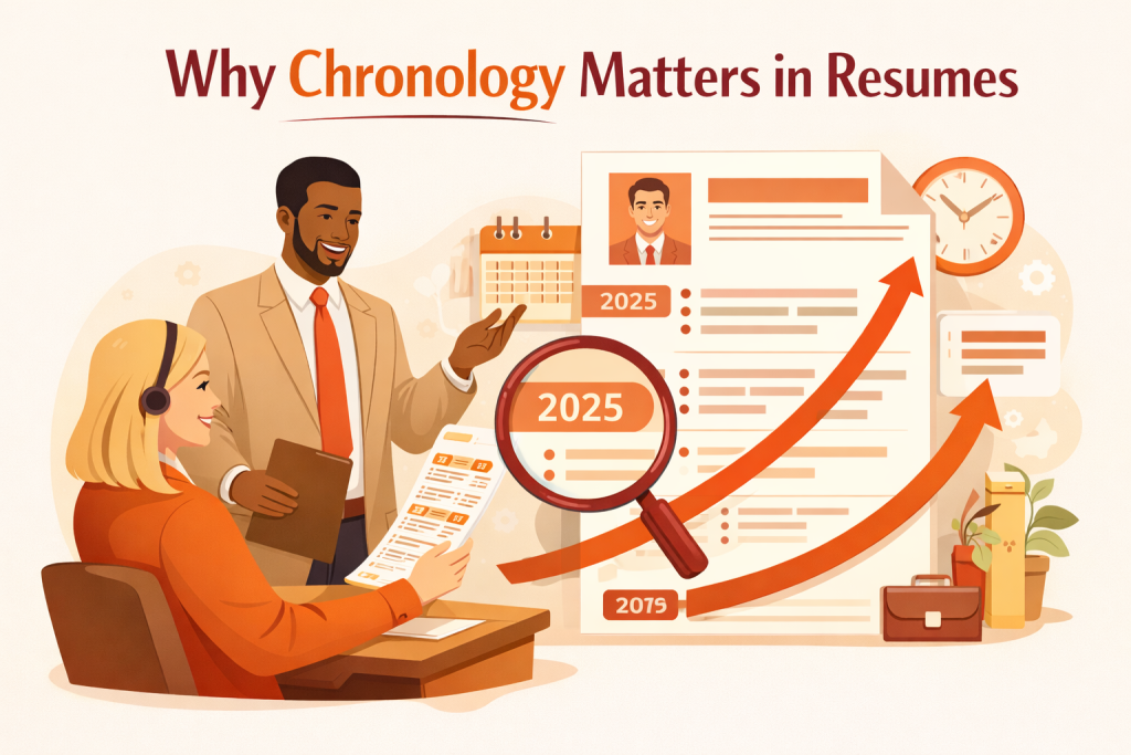 "2D digital illustration titled 'Why Chronology Matters in Resumes.' Two professionals are reviewing a resume, one pointing at it and the other holding a clipboard, highlighting the importance of chronological organization. The design uses warm tones like orange, brown, and cream, with minimal distractions."