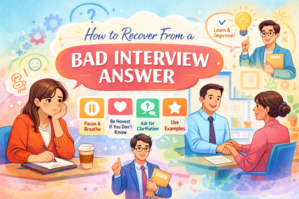 Colorful illustration showing four people in an office setting navigating a bad interview answer. One woman looks stressed while taking notes, a man and woman are shaking hands during an interview, and another man has a light bulb moment. The image includes tips like “Pause & Breathe,” “Be Honest If You Don’t Know,” “Ask for Clarification,” and “Use Examples,” with a vibrant, motivational background.