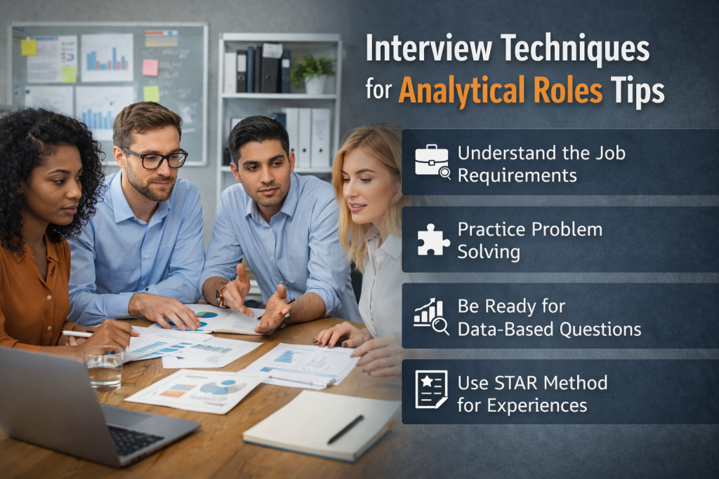 Four professionals participating in a panel-style interview discussion in a modern office, reviewing charts and reports on a table, with visual tips for analytical role interviews such as understanding job requirements, practicing problem-solving, preparing for data-based questions, and using the STAR method.