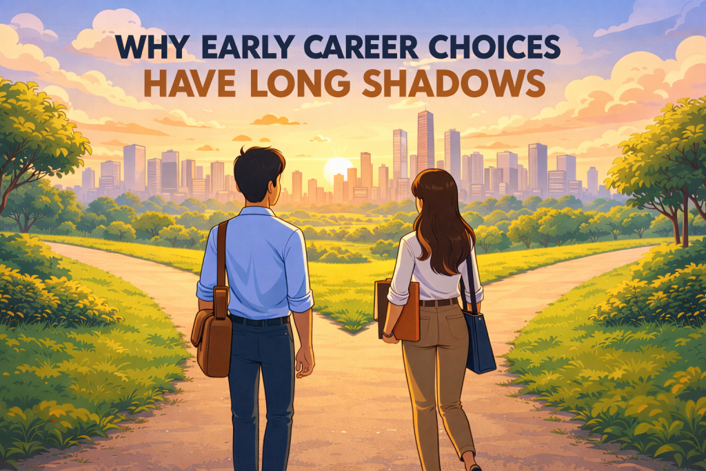 "Animated-style illustration of two young professionals, a man and a woman, standing at a fork in a path in a park, looking toward a glowing city skyline at sunset. They carry work bags and folders, symbolizing early career choices. Long shadows stretch in front of them, representing the lasting impact of early decisions. Text above reads: 'Why Early Career Choices Have Long Shadows.'"