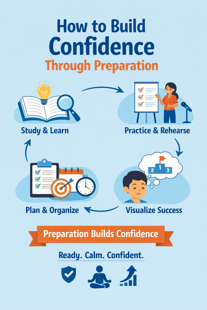A simple flat illustration showing the steps to build confidence through preparation, including studying and learning, practicing and rehearsing, planning and organizing, and visualizing success, using soft blue and orange colors to represent calmness, focus, and self-confidence.