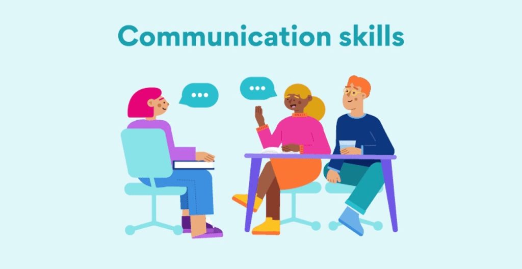 Illustration of three people sitting around a table and having a conversation, with speech bubbles above them and the text “Communication skills” at the top.