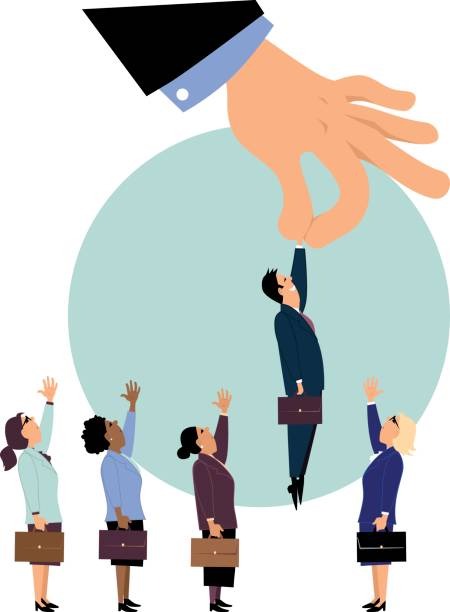 An illustration showing a large hand selecting one businessperson from a group of diverse professionals raising their hands, symbolizing hiring decisions, candidate selection, and potential bias in recruitment.