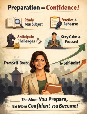 "A confident woman holding books, standing in front of a background showing a crowd and upward arrows. Around her are icons representing studying, practice, anticipating challenges, and staying calm, symbolizing how preparation leads from self-doubt to self-belief."