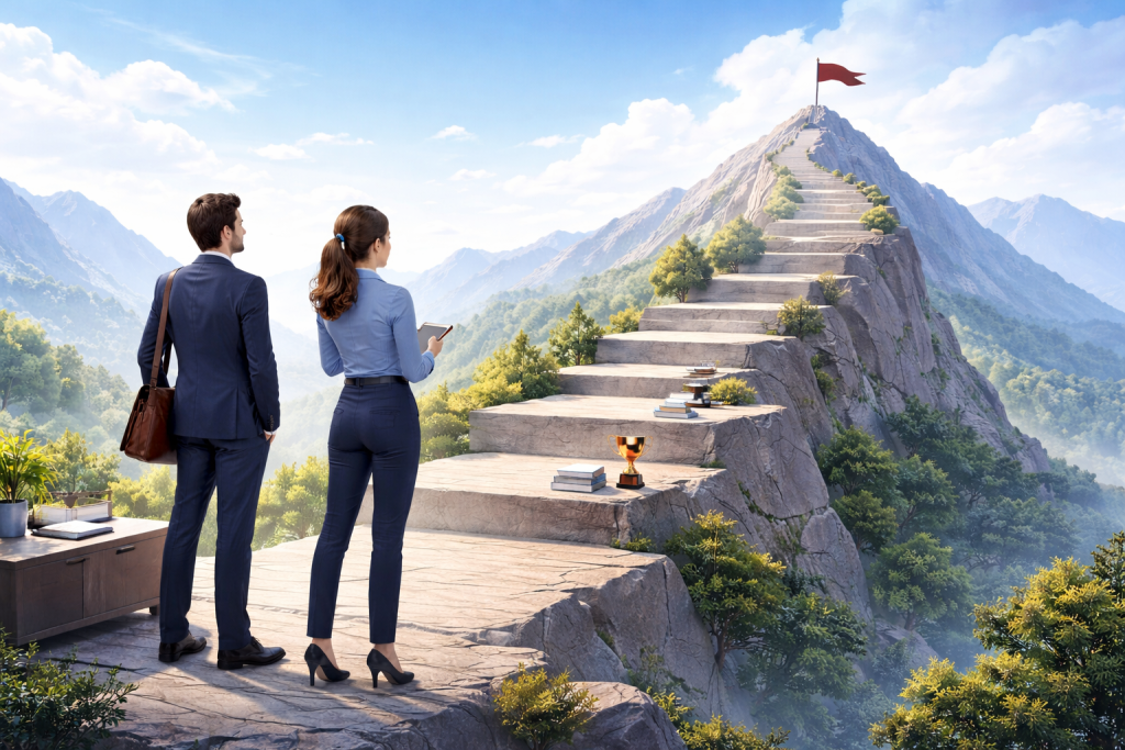 Alt text: A man and a woman, both in professional attire, stand on a rocky plateau looking at a stone staircase leading up a mountain toward a red flag, symbolizing career growth. The man carries a leather bag, and the woman holds a notebook. Books and a trophy are placed on the steps, representing learning and achievements, with green mountains and a bright sky in the background.