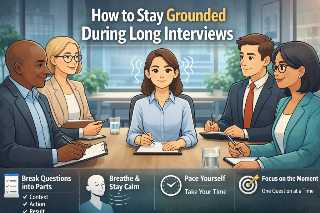 "Animated illustration of a long interview with five people: a calm and confident candidate sitting across from four engaged interviewers at a modern office table. The scene shows note-taking, discussion, and time management cues, emphasizing focus and composure during a professional interview."