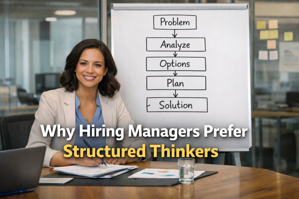 A professional standing confidently in an office setting with animated visual elements around them, including flowcharts and step-by-step planning icons, symbolizing structured thinking and organized decision-making.