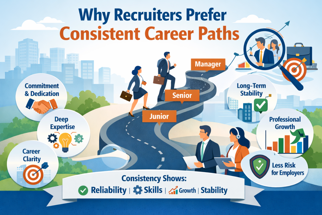Professional banner illustration titled “Why Recruiters Prefer Consistent Career Paths” showing a business professional standing at a desk with resume and charts, while a career growth pathway highlights skills, experience, promotion, and success with upward arrows and city skyline background.