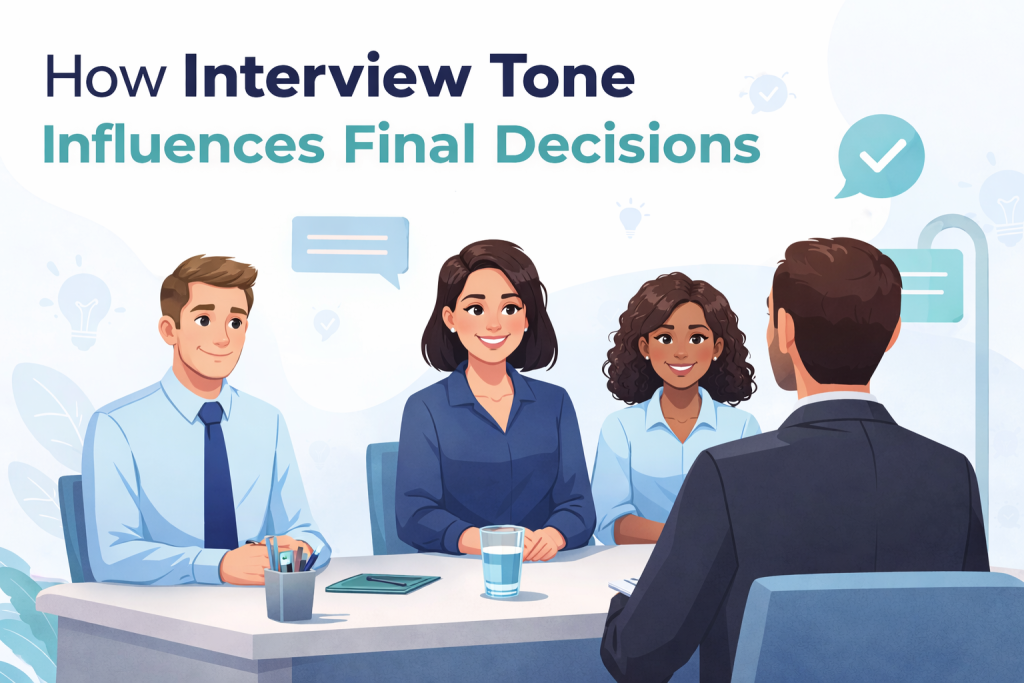 A professional digital illustration showing three job candidates sitting side by side at a table during an interview. A male interviewer is seated opposite them with his back facing the viewer. The three candidates—two women and one man—are dressed in formal office attire and smiling confidently. A glass of water, notebook, and pen holder are placed on the table. The background is soft blue with speech bubbles and checkmark icons, and the title at the top reads “How Interview Tone Influences Final Decisions.”