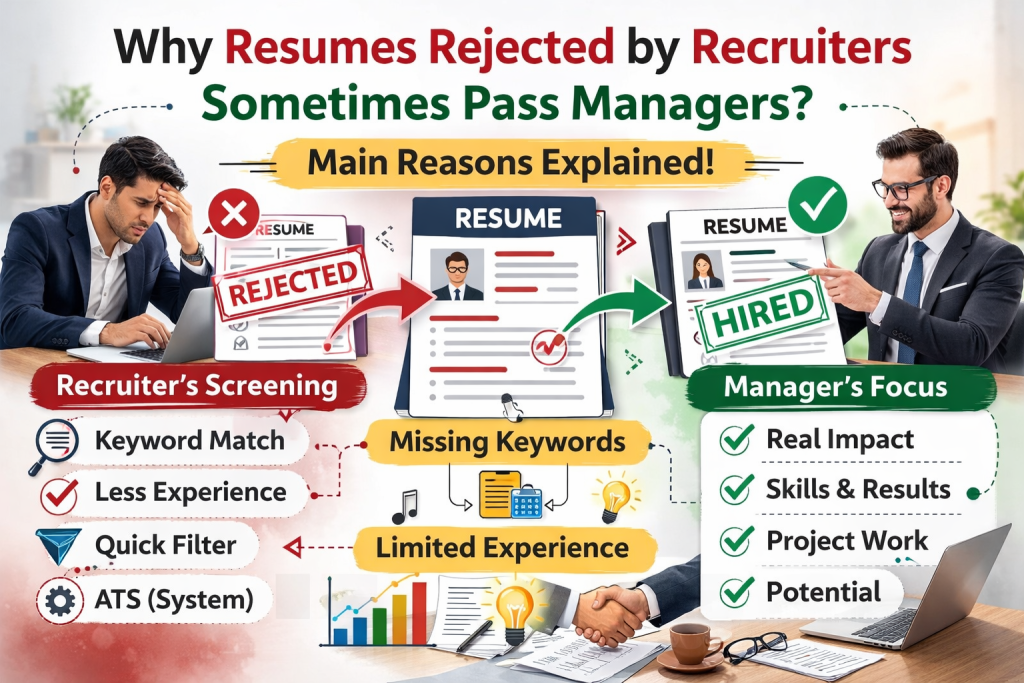 "Infographic showing why resumes rejected by recruiters may pass hiring managers. Left side: stressed recruiter rejecting resumes based on keywords, experience, and ATS filtering. Right side: confident manager selecting resumes based on real impact, skills, projects, and potential."