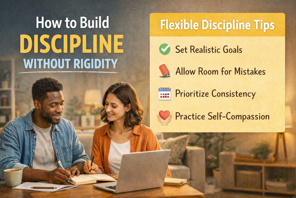 "Two people sitting at a table in a cozy, well-lit workspace, writing in notebooks and discussing ideas. The image includes the title 'How to Build Discipline Without Rigidity' and a yellow box with flexible discipline tips: Set Realistic Goals, Allow Room for Mistakes, Prioritize Consistency, and Practice Self-Compassion. The scene conveys collaboration, learning, and a balanced approach to discipline."