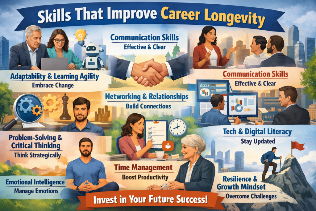"Infographic titled 'Skills That Improve Career Longevity' showing a diverse group of professionals engaging in activities representing key skills: adaptability, communication, problem-solving, emotional intelligence, networking, digital literacy, time management, and resilience. Each skill is labeled with a brief description, set against a cityscape background, emphasizing the importance of these skills for long-term career success."