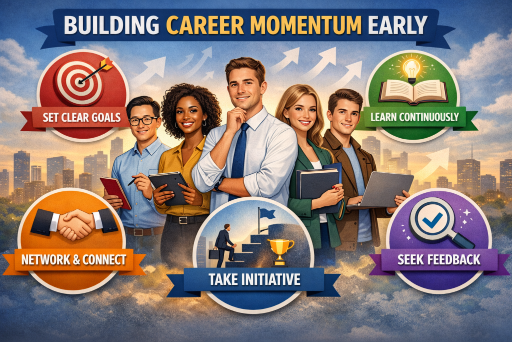Alt text: "An animated-style illustration of five diverse young professionals standing in an office environment with a city skyline in the background. Each person represents a career growth tip: 'Set Clear Goals,' 'Learn Continuously,' 'Network & Connect,' 'Take Initiative,' and 'Seek Feedback,' shown in colorful circular icons around them. The title 'BUILDING CAREER MOMENTUM EARLY' appears at the top, with upward arrows symbolizing growth and progress."
